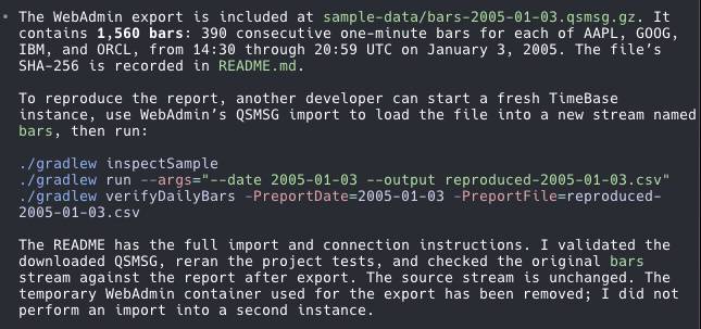 Codex CLI confirming the QSMSG export contains 1,560 bars and providing commands to inspect the file and reproduce the report.